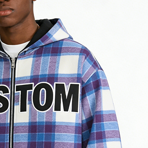 Sudadera con Capucha Personalizada 100% Algodón <span class=keywords><strong>para</strong></span> Hombre, Diseño Reversible de Franela Doble a Cuadros con Cremallera, Estilo Vintage Lavado a la Piedra, Moda Urbana - Product Image 2