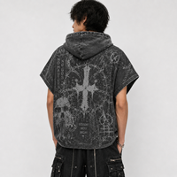 Sudadera con capucha OEM de 600 g/m² 100% algodón, cuello redondo, con bordado japonés de esqueleto, manga corta, cremallera, lavado ácido, de alto rendimiento.