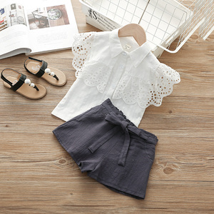 Ropa Infantil al por Mayor, Conjunto de Camisa con Mangas de Encaje y Volantes, Traje Deportivo Blanco de Verano para Niños de 3 a 7 Años - Product Image 3