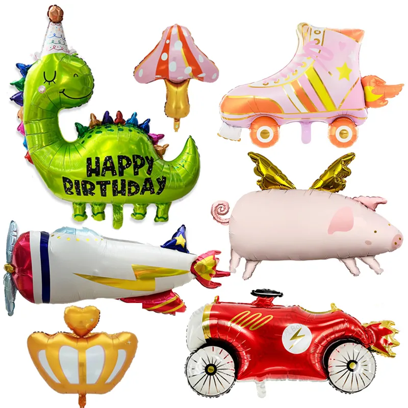 New Design Cartoon Dinosaur Plane Fly Pig Mushroom Crown Roller Skate Foil Balloon Happy Birthday Party Decoration Toy Balloon