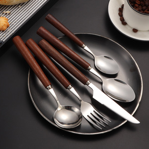 304 Stainless Steel Round Wooden Handle Flatware <b>Set</b>, Steak Knife Fork Dinner Dessert Spoon Hotel Cutlery Kit - Product Image 3
