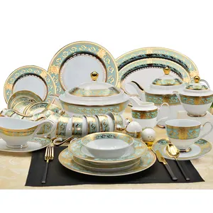 Vaisselle pour 12 personnes, en céramique or avec porcelaine dorée, service de table de luxe en os chinois, vaisselle de luxe, 98 pièces