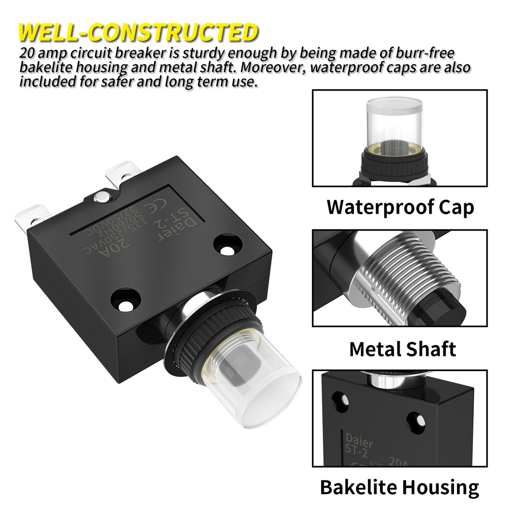 ECSiNG - 2 Disjoncteurs Bouton-poussoir Avec Capuchons - 5A 125-250V - Protection Surcharge Et Reset Manuel