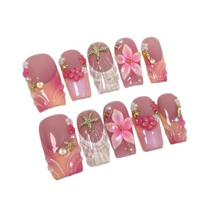 TSZS 10 <span class=keywords><strong>Uñas</strong></span> Postizas Largas Cuadradas Hechas a Mano Reutilizables con Diseño 3D <span class=keywords><strong>de</strong></span> Flor Rosa Dulce, Perla y Diamante Oceánico para Verano - Product Image 6