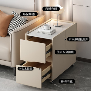 Modern Minimalist <b>Side</b> Cabinet With Storage 2 Compartments 2 <b>Drawers</b> Living Room Movable <b>Table</b> Beige Color - Product Image 4