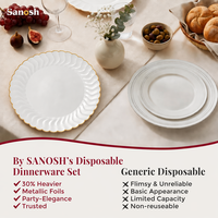 SANOSH Assiettes jetables en carton ondulé ivoire avec bord doré, assiettes à dîner de 10 pouces, assiettes à dessert de 7 pouces, pour fêtes et mariages