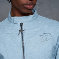 Streetwear personnalisé veste de course broderie Patch haute texture culture veste de moto en polyuréthane bleu Boxy veste en cuir avec fermeture éclair pour hommes
