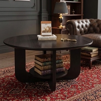 Table basse ronde en bois massif noir minimaliste moderne avec étagère de rangement inférieure, table centrale vintage pour salon