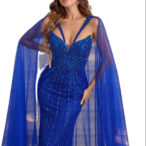 2025 <strong>Blue</strong> Luxury Dubai Beaded Lace Cape Sleeves Mermaid Evening Gown for Women Wedding Party <strong>Dresses</strong> - Product Image 1