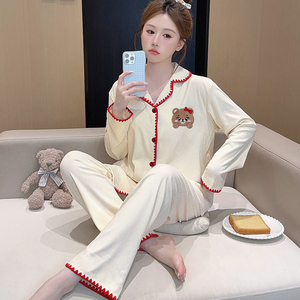 여성용 곰 만화 프린트 칼라 긴팔 바지 세트 가을 홈웨어 파자마 - Product Image 3