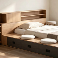 Lit double bas de style japonais Tatami, lit à panneaux monté au sol, lit bas sur plateforme avec bords arrondis en bois massif