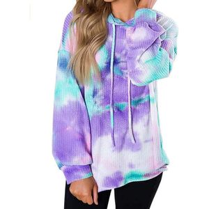 FOXA Sweat à capuche gaufré tie-dye pour femme, à manches longues, avec cordon de serrage, respirant, coupe ample - Product Image 1
