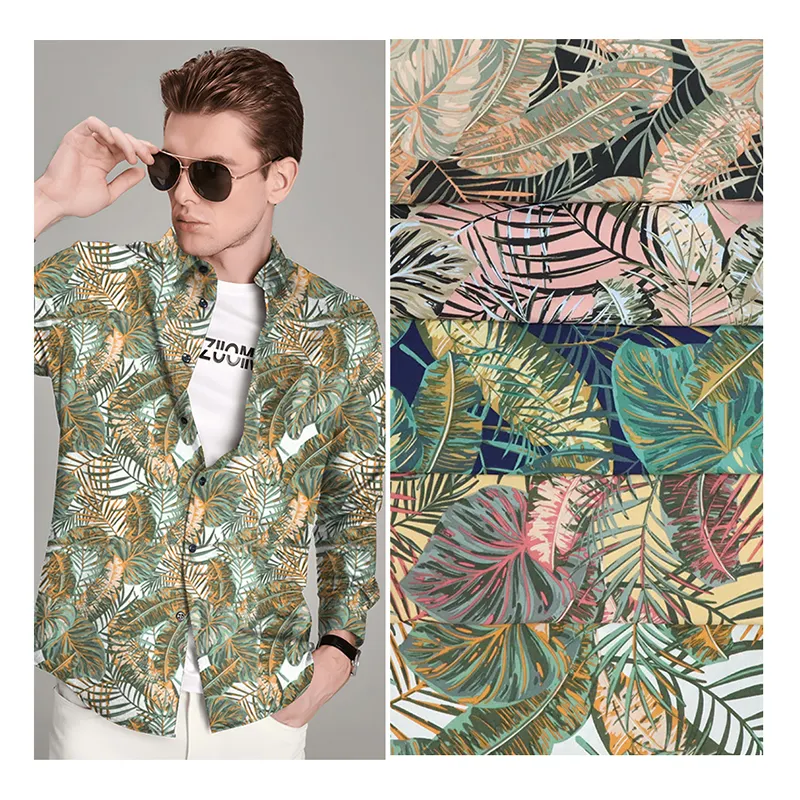 Foreign trade explosive 100D elastic tropical rain forest style printed fabric clothing beach pants fabric jungle leaf fabric