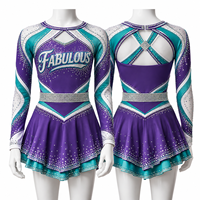 Ensemble d'uniforme de cheerleading violet et turquoise personnalisé avec strass, col simulé à trois découpes, jupe à volants superposés thermocollée, tenue de cheerleading