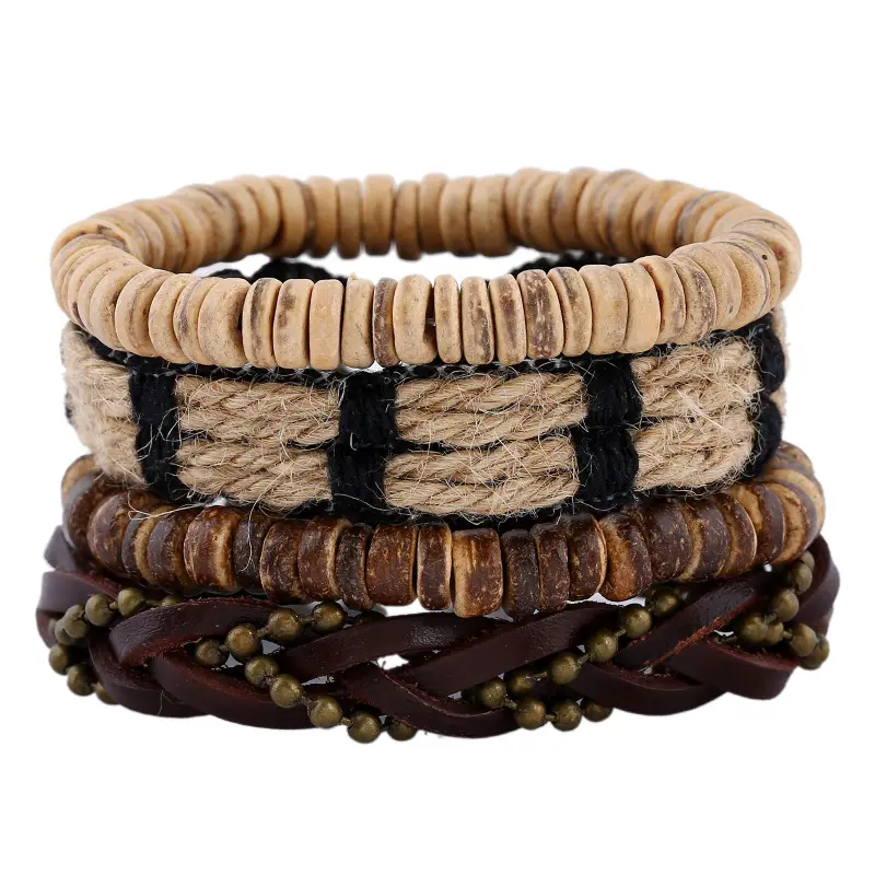 Großhandel Vintage Holz Perlen Armbänder Männer Mode Multilayer Leder Armband Herren Hip Hop Armreifen Wide Wrap Schmuck Armband