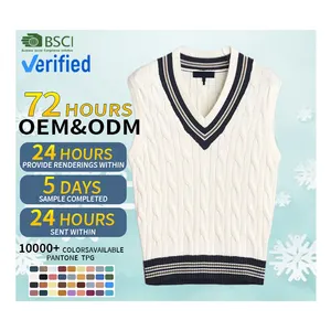 Benutzer definierte LOGO OEM & ODM Herren Weiße Strick pullover Weste V-Ausschnitt Ärmelloses Cricket-Strick oberteil 100% Bio-Baumwolle Strickweste