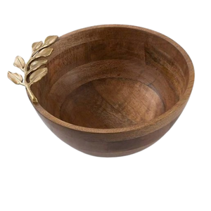 Bol décoratif à grain de bois massif avec manche en feuille coulée bols à salade ronds Design classique bols à fruits en bois d'acacia naturel - Product Image 1