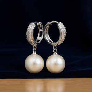Boucles d'oreilles pendantes en or blanc E1162 avec perles et accents de diamants, style classique pour femmes, pour mariage - Product Image 2