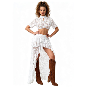 Women's <b>White</b> <b>Lace</b> Crop Top Short Sleeve Stand Collar Party Blouse - Product Image 2