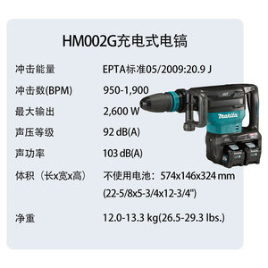 มากีต้า HM002G ค้อนสกัดไฟฟ้าแบบชาร์จได้ 2600W 574x146x324 มม. ค้อนรื้อถอน - Product Image 1