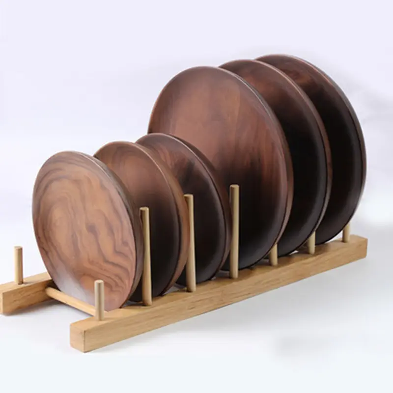 Vaisselle de table rond en bois, noir, assiettes en bois massif de haute qualité pour dîner 12 pièces