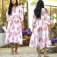 Robe Bohème Légère à Col en V et Taille Cintrée en Coton Indien Imprimé, Longueur Genou, Coupe Ample et Modeste, Personnalisable