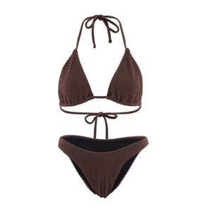 Ensemble de bikini marron froissé personnalisé, maillot de bain deux pièces triangle dos nu pour femme, fabricant OEM ODM - Product Image 1