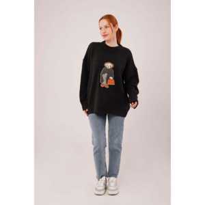 Suéter de punto negro al por mayor para mujer, manga larga, informal, con característica antipilling - Product Image 4