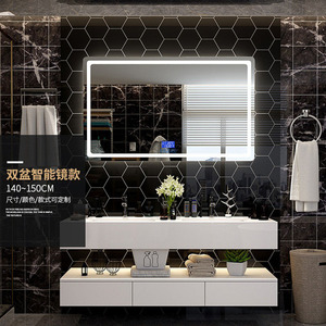 Mármol lavar doble lavabo cuarto de <span class=keywords><strong>baño</strong></span> vanidad de piedra Artificial de gabinete de espejo con luces Función de gabinete de madera - Product Image 5