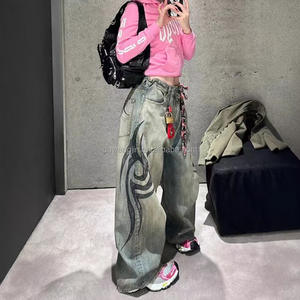 Jean déchiré style graffiti américain pour femme, coupe ample et polyvalente, couleur délavée, jambe large, longueur au sol - Product Image 3