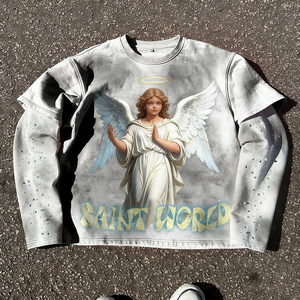 Camiseta <span class=keywords><strong>T</strong></span>érmica Personalizada de Manga Larga para Hombre, Unisex, Estilo Urbano, Oversize, con Pedrería, Lavado Vintage, Doble Capa - Product Image 2