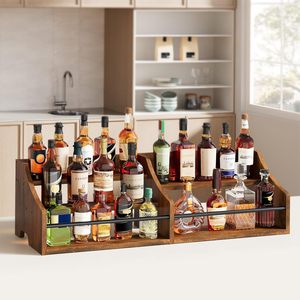 Estante de vino de madera de doble capa con organizador de botellas de hierro para mostrador de bar, exhibición y almacenamiento de licores. - Product Image 1