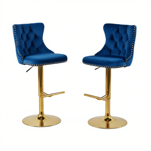 Tabourets de bar modernes en velours Db Furniture, hauteur réglable 25-33 pouces, base en métal doré, pivotants, pour utilisation en salle de sport - Product Image 1