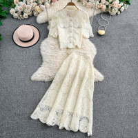 Ensemble deux pièces élégant de style français en dentelle guipure, haut à manches courtes bouffantes et jupe midi taille haute pour femme, printemps-été