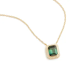 EQN60 RINNTIN精致925纯银珠宝18k镀金祖母绿切割绿色立方氧化锆吊坠项链女性