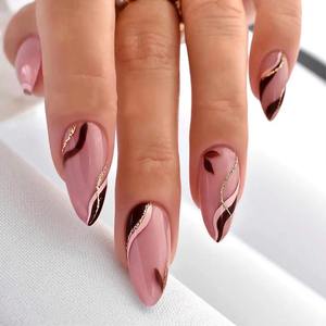 Lot de 12 faux ongles classiques français courts en acrylique nude rose, forme amande, à presser, pré-dessinés, avec colle - Product Image 1