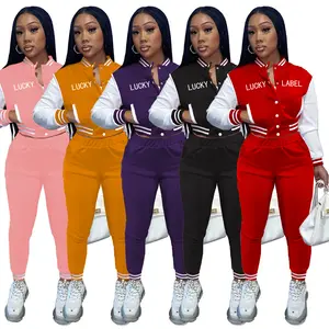 new EB--Letter Print Two Pieces Joggers Outfits Women Sportswear Baseball Jackets Short Coats 2 Piece Pants Set Fall Winter Clothing