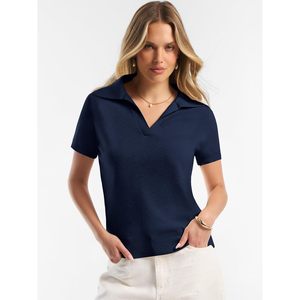 FOXA Polo Femme à Manches Courtes en Mélange de Laine, Col en V, Tricoté, Respirant, Coupe Classique, Style Business Décontracté, Printemps-Été - Product Image 2