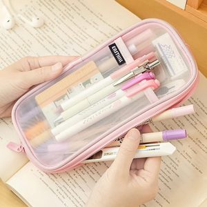 Estuche para lápices con rejilla de malla, cierre de cremallera, tamaño mediano, transparente, multiusos, para viajes, escuela, oficina (rosa) - Product Image 2