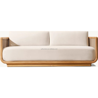 Canapé d'extérieur sculptural en teck avec dossier en forme de baril, tressé à la main en corde, pour villa, jardin, patio, terrasse
