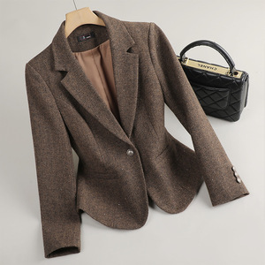 Brown Wool Blazer For Women Slim Fit Full Sleeve Suit Collar Warm Coat Houndstooth Pattern Spring Winter 2025 Petite Size - Product Image 1