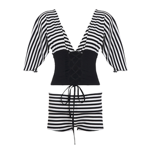 Conjunto de Top y Shorts a Rayas con Bloques de Color y Cintura Ajustada, Estilo Casual de Diseñador, Ropa Urbana Y2K de Moda para Mujer, Transpirable, de Dos Piezas - Product Image 6