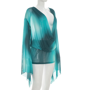 Viviblook J26DS159 Robe d'été pour femme, nouvelle robe décontractée à imprimé numérique, asymétrique, à manches longues, col tombant, en maille, mini-robe - Product Image 2