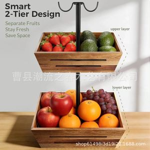 New acacia wood double-layer fruit basket with iron bracket, banana hook, fruit <b>plate</b>, and kitchen fruit storage <b>rack</b> - Product Image 2