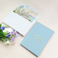 Elegante Himmelblau Hardcover-Einladungskarte mit individuellem Silber-Spiegel-Acryl, Fotodruck und Goldfolien-Umschlag für Hochzeitszeremonie