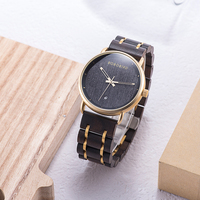 Montre à quartz de luxe pour garçons, bracelet en acier inoxydable, cadran noir avec aiguilles en bois, vente en gros, best-seller