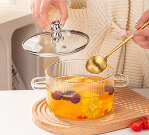 หม้อแก้วใสพร้อมหูจับคู่ ฝาปิดลายหมีน่ารัก หม้อสุขภาพลายทาง ใช้กับเตาไฟฟ้าได้ ปลอดภัยสำหรับทำบะหมี่และนม - Product Image 6