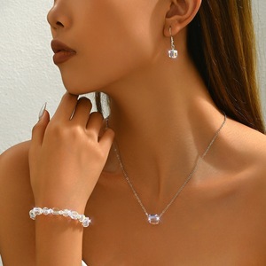 Fashionable and unique jewelry <b>set</b> with square glass crystal <b>bracelet</b>, simple earrings, and elegant necklace for women. - Product Image 3
