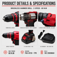 Perceuse sans fil à vitesse variable 18V 1600 tr/min avec moteur sans balais 60 N.m, mandrin auto-serrant, kit perceuse électrique et perceuse à batterie