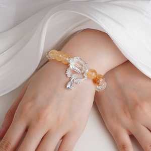 Comporre se stessi 12mm perline di quarzo chiaro naturale giallo incollato braccialetto di cristallo fiore con fascino pera gioielli in pietra curativa - Product Image 2